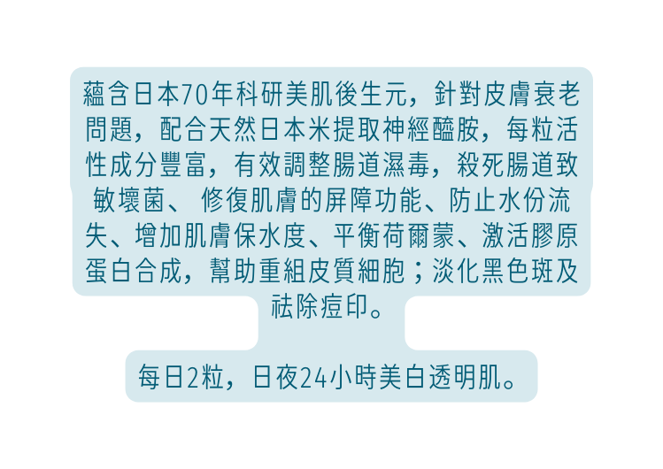 蘊含日本70年科研美肌後生元 針對皮膚衰老問題 配合天然日本米提取神經醯胺 每粒活性成分豐富 有效調整腸道濕毒 殺死腸道致敏壞菌 修復肌膚的屏障功能 防 止水份流失 增加肌膚保水度 平衡荷爾蒙 激活膠原蛋白合成 幫助重組皮質細胞 淡化黑色斑及祛除痘印 每日2粒 日夜24小時美白透明肌