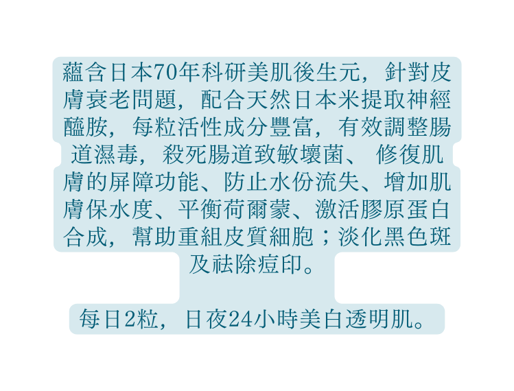 蘊含日本70年科研美肌後生元 針對皮膚衰老問題 配合天然日本米提取神經醯胺 每粒活性成分豐富 有效調整腸道濕毒 殺死腸道致敏壞菌 修復肌膚的屏障功能 防 止水份流失 增加肌膚保水度 平衡荷爾蒙 激活膠原蛋白合成 幫助重組皮質細胞 淡化黑色斑及祛除痘印 每日2粒 日夜24小時美白透明肌